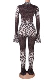 Leopard Print Flare Sleeve Hollow Out Bodycon Jumpsuit