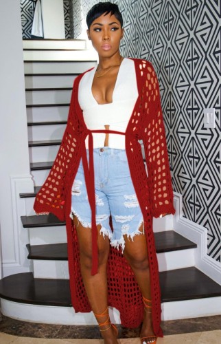 Red Crochet Hollow Out Long Sleeve Long Cardigans with Belt