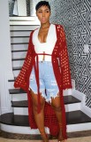 Red Crochet Hollow Out Long Sleeve Long Cardigans with Belt