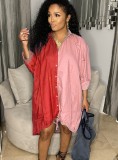 Contrast Color Button Up Long Sleeve Loose Blouse Dress