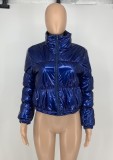 Blue High Neck Zipped Up Long Sleeve Short Padded Leather Jacket