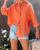 Orange Pocket Button Up Long Sleeves Blouse