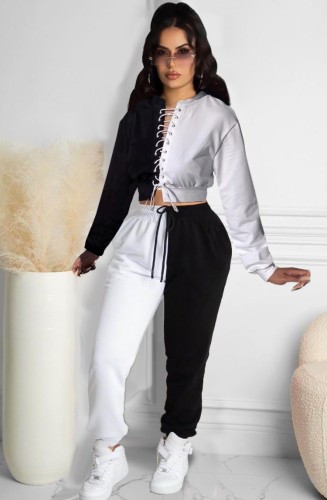 Contrast Color Lace Up Long Sleeves Top and Drawstring Pants Two Piece Set