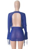 Blue See Through Long Sleeve Backless Crop Top and Mini Skirt Two Piece Set