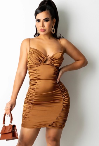 Brown Keyhole Cami  Ruched Mini Dress