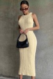 Khaki Kintted Sleeveless Fitted Long Dress