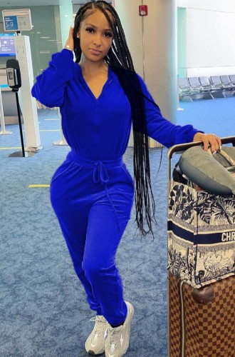 Sports Blue Velvet Zipped Up Long Sleeve Stand Collar Drawstring Jumpsuit