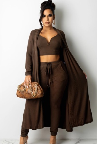 Brown Knit Cami Crop Top and Drawstring Pants with Long Cardigans Three Piece Set
