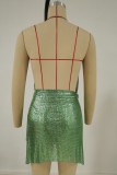 Shiny Green Two-Piece Backless Dripped Collar Halter Mini Dress