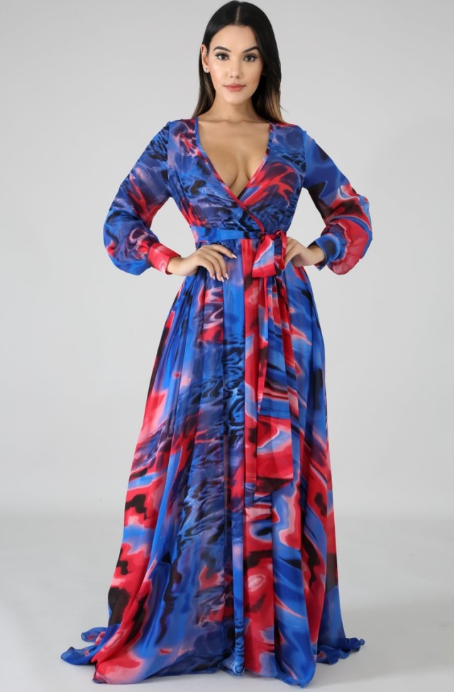 Colorful Wrap V-Neck Long Sleeve Loose Maxi Dress with Belt