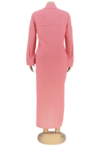 Red Pinstripe TurnDown Collar Button Open Long Blouse Dress
