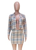Check Design Long sleeve Turndown Collar Coat with Bra and Mini Dress Three Piece Set