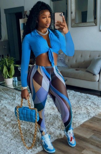 Blue Knotted Long Sleeve Turndown Collar Crop Top and Print Legging Two Piece Set
