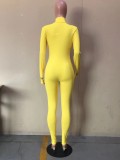 Yellow Zipper Up Thumb Hole Long Sleeve Stand Collar Fitted Jumpsuit