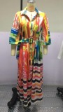 Multicolor Print Turndown Collar Long Sleeve Maxi Dress with Belt