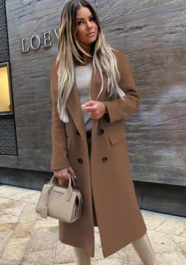 Brown Turndown Collar Button Long Sleeve Long Blazer