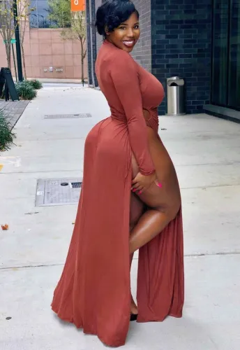 Plus Size High Neck Keyhole Long Sleeve Hight Slit Maxi Dress
