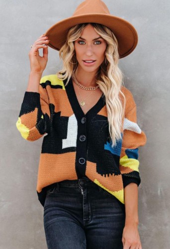 Contrast Color Button Up Long Sleeves knitted Cardigan