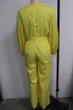 Yellow Polka Dot Wrap V-Neck Puff Long Sleeve Loose Jumpsuit