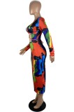 Colorful Print Cross Halter Cut Out Long Sleeve Fitted Midi Dress