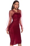 Red Sequins Mesh V-Neck Split Long Sleeve Tight Dress