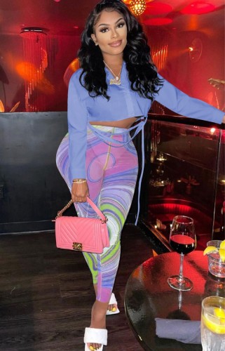 Purple Button Up Long Sleeves Crop Shirt and Multicolor High Waist Tight Pants Two Piece Set