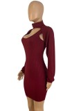 Burgundy High Neck Puff Sleeve Ribbed Cape and Tank Dress Two Piece Set