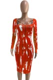 Print Red Long Sleeve Midi Skinny Dress