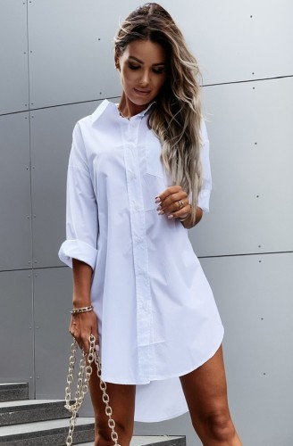White High Low Button Up Long Sleeves Blouse Dress