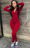 Red Zipped Up Long Sleeve with Half Gloves Bodycon Jumpsuit