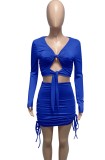 Blue Cut Out Tie Long Sleeve Crop Top and Mini Drawstring dress Two Piece Set