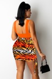Orange Vest Crop Top and Zebra Drawstring Skirt Two Piece Set