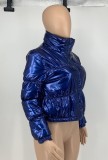 Blue High Neck Zipped Up Long Sleeve Short Padded Leather Jacket