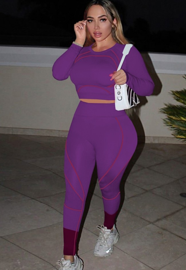 Purple Long Sleeves O-Neck Crop Top and Pants Two Piece Set