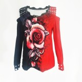 Plus Size Rose Red Cut Out Shoulder Long Sleeves Shirt
