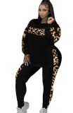Plus Size Tape Leopard Print Black Long Sleeve O-Neck Top and Pant Two Piece Set