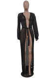Black Crochet Hollow Out Long Sleeve Long Cardigans with Belt