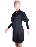 Black Lantern Sleeve Button Up Blouse Dress
