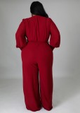 Plus Size Red Wrap Long Sleeves V-Neck Jumpsuit