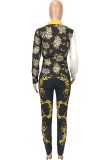Contrast Color Retro Print Long Sleeve Button Open Shirt and Black Pant Two Piece Set