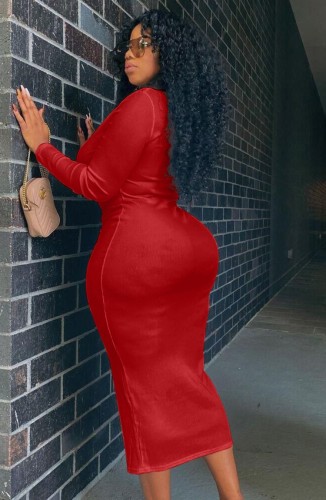 Plus Size Red Button O-Neck Long Sleeve Bodycon Long Dress