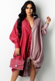 Contrast Color Button Up Long Sleeve Loose Blouse Dress