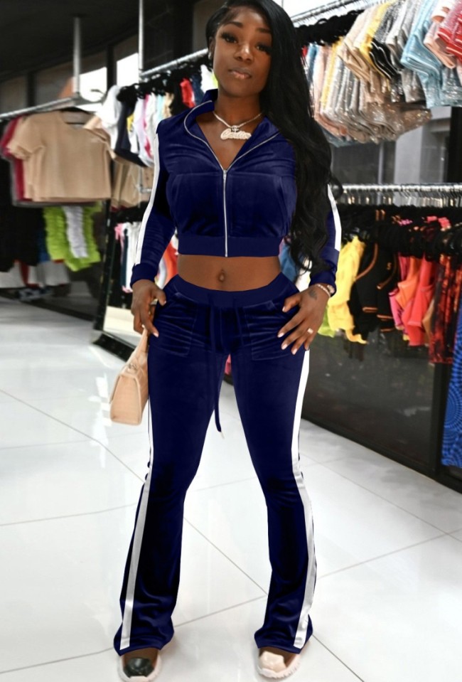 White Piping Blue Velvet Long Sleeve Zip Crop Top and Tight Flared Pants Two Piece Set