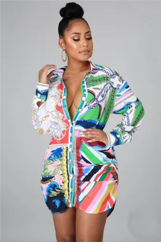 Retro Print Ruched Button Up Long Sleeves Mini Blouse Dress