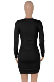Black U-Neck Scrunch Long Sleeve Slim Fit Dress