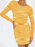 Yellow Kintted Long Sleeves O-Neck Mini Bodycon Dress