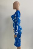 Print Blue Long Sleeve Midi Skinny Dress