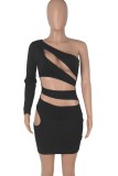 Black Cut Out Single Sleeve Skew Neck Skinny Dress
