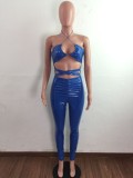 Blue Leather Cut Out Halter Slim Fit Trendy Jumpsuit