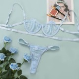Blue Lace Underwear Bra and O-Ring Panty Lingerie Two Piece Set